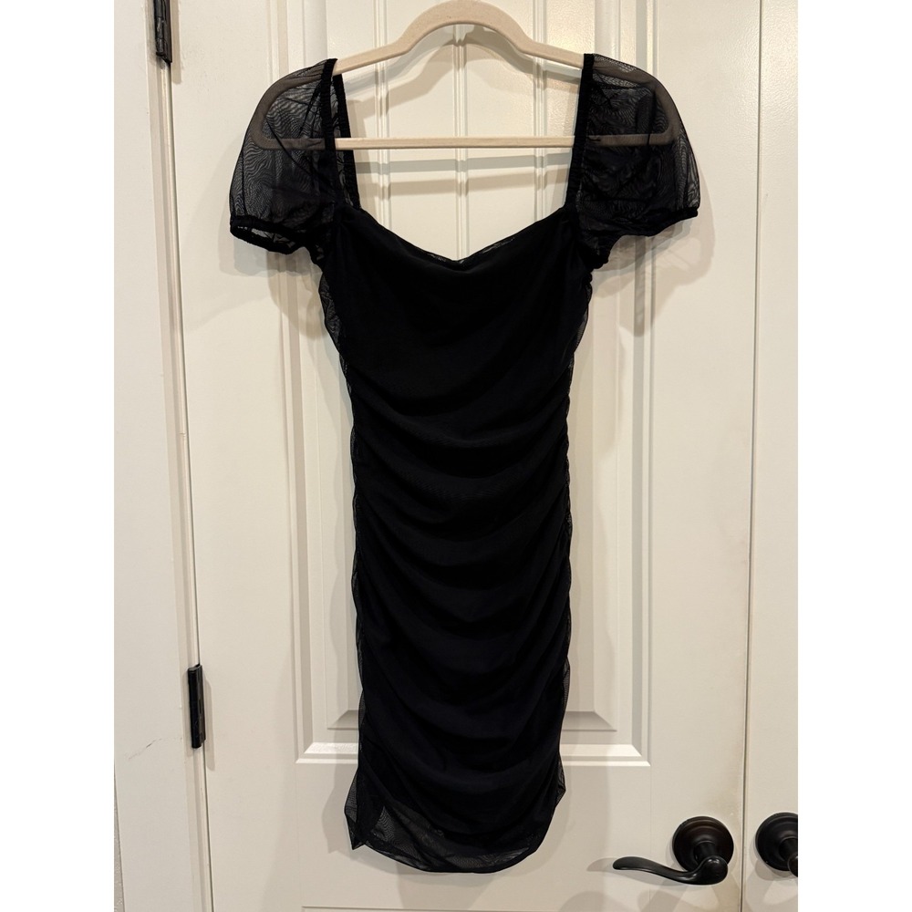 Princess Polly Black Mesh Puff Sleeve Ruched Mini Dress –‎ Size 6